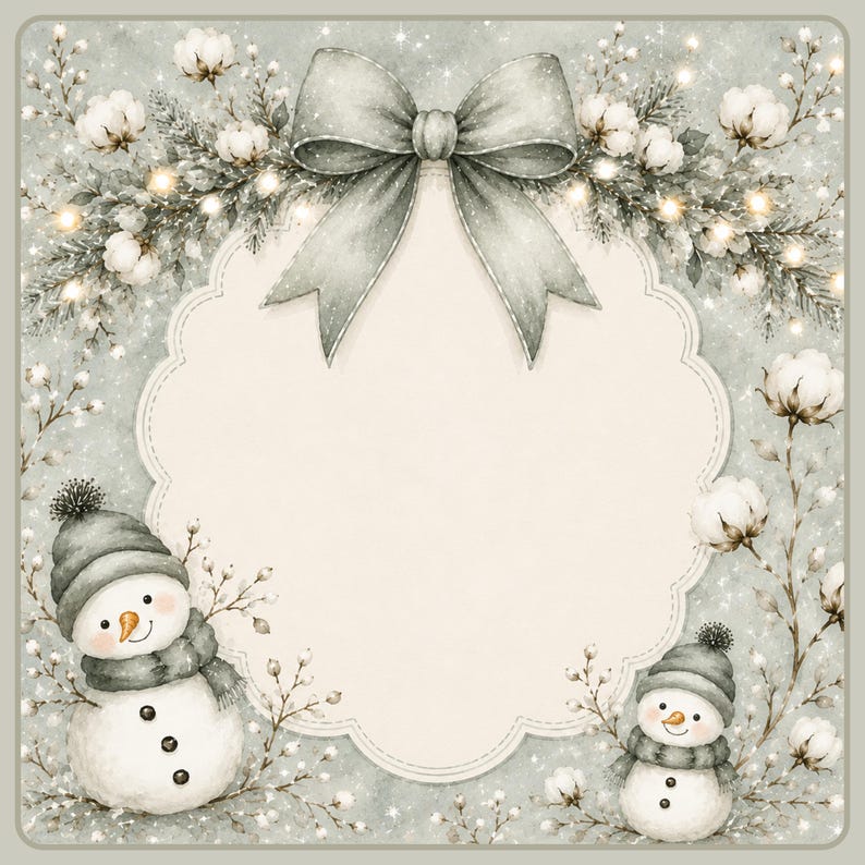 May include: A decorative frame featuring a central scalloped cream-colored space topped with a large sage green bow. The border is adorned with illustrations of cotton bolls, pine branches, glowing fairy lights, and two snowmen in green hats.