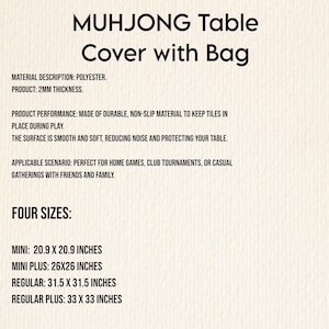 May include: A beige image with the text "MUHJONG Table Cover with Bag". The text also includes the material description, product thickness, product performance, and applicable scenarios. Four sizes are listed: Mini, Mini Plus, Regular, and Regular Plus.