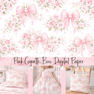 以下が含まれることがあります： 白い背景にピンクのリボンとバラの繰り返し模様が描かれたデジタルペーパー。テキスト「Pink Coquette Bow Digital Paper」が表示されています。画像には、同じパターンを使用した枕、ドレス、トートバッグも表示されています。