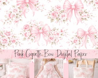 Pink Coquette Digital Paper Bundle | Seamless Floral Bow Pattern + Coordinating Stripes, Scrapbook Paper Backgrounds