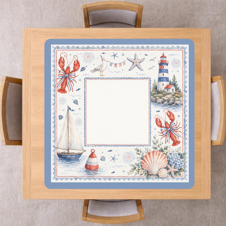 May include: A nautical-themed table mat with a blue border. The mat features illustrations of a sailboat, lighthouse, lobster, starfish, and seashells. The design incorporates red, white, and blue colors, evoking a coastal or patriotic theme.