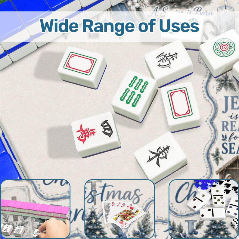 May include: White Mahjong tiles with blue edges, featuring red, green, and black symbols and designs. The image includes the text "Wide Range of Uses". Other games are shown in the bottom corners, including dominoes and playing cards.