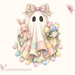 May include: A whimsical illustration of a ghost wearing a patchwork quilt and a floral bow. The ghost holds a stuffed bunny and a bouquet of Easter eggs. Pastel colors and a garland of eggs complete the Easter theme.