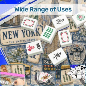 May include: A collection of white Mahjong tiles with various symbols and colored borders, scattered on a background featuring New York City imagery. The text "Wide Range of Uses" is displayed at the top. Additional game pieces like dominoes and playing cards are also visible.