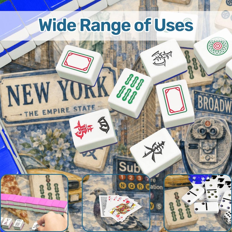 May include: A collection of white Mahjong tiles with various symbols and colored borders, scattered on a background featuring New York City imagery. The text "Wide Range of Uses" is displayed at the top. Additional game pieces like dominoes and playing cards are also visible.