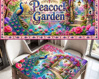 Tapete de Mahjong Jardín de Pavos Reales, Tapete de Mahjong Flor de Cerezo, Decoración Jardín de Glicinias, Regalo Floral para Mahjong, Tapete de Juego Estilo Cottagecore, Regalo para Amantes de los Pavos Reales