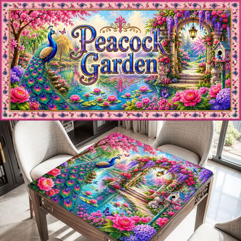 May include: A rectangular table cover featuring a vibrant garden scene with a peacock, pink flowers, a stone archway, and a birdhouse. The text Peacock Garden is printed in large blue letters across the center of the colorful landscape design.