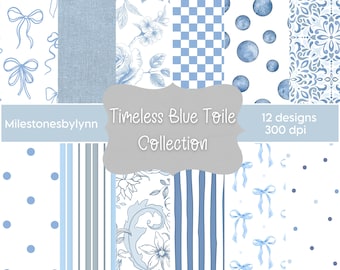 Blue Toile Digital Paper, Coquette Bow Patterns, Baby Shower Digital Scrapbooking, Printable Paper background