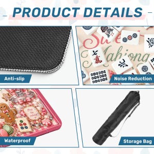 May include: Image showcasing product details. Features include an anti-slip surface, noise reduction, and waterproof design. A storage bag is also included. The image also shows a close-up of a Mahjong set.