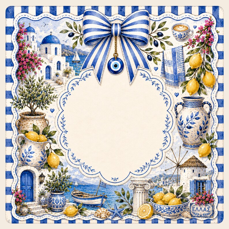 Op de afbeelding: Een vierkant decoratief kader met een blauw-witte gestreepte rand, een leeg geschulpt middengedeelte en een blauw-witte gestreepte strik met een nazar-amulet. Het ontwerp bevat Griekse motieven zoals witte gebouwen met blauwe koepels, citroentakken, keramische vazen, een zeilboot, een windmolen en een schaal met citroenen met de tekst "&Epsilon;&Lambda;&Lambda;&Alpha;&Sigma;".