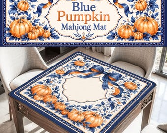 Tapete de Mahjong Calabaza Azul, Tapete de Mahjong Cosecha de Otoño, Decoración de Mahjong Calabaza de Otoño, Regalo de Mahjong Azul y Naranja, Tapete de Juego de Acción de Gracias