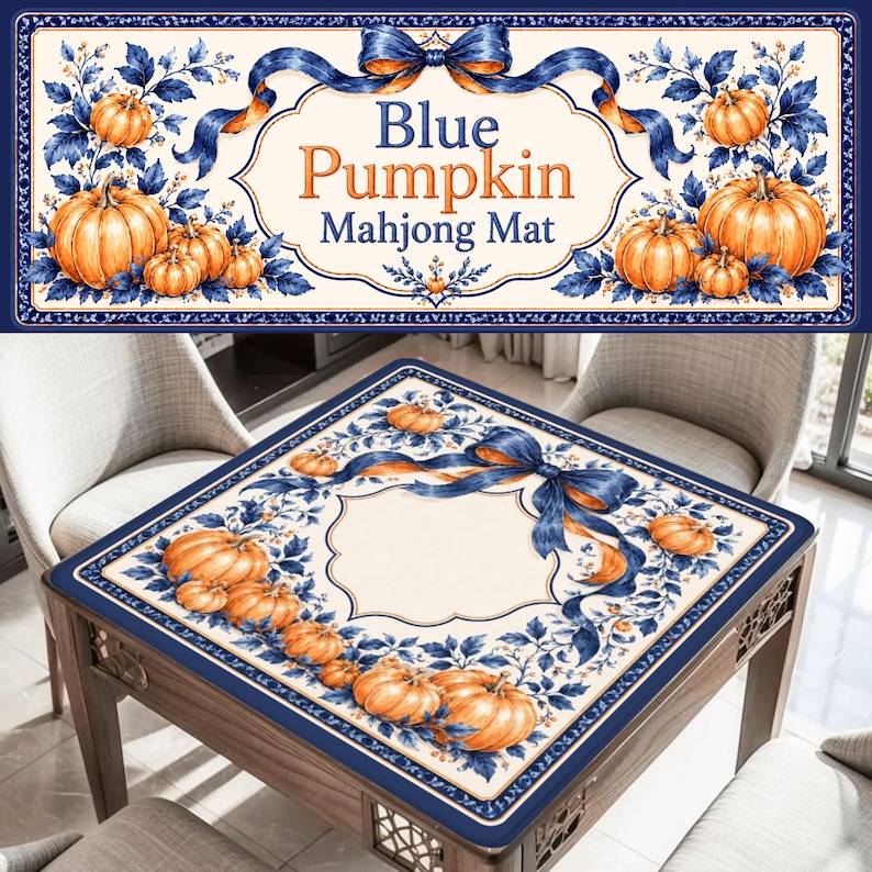 May include: A square mahjong mat featuring a cream-colored center with a blue decorative border. The design includes orange pumpkins, blue leaves, and a blue ribbon bow. The text on the mat reads Blue Pumpkin Mahjong Mat.