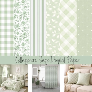 May include: Digital paper in sage green with diverse patterns: gingham, floral, stripes, and polka dots. The image showcases the paper's application in a bedroom, bathroom, and living room. Text reads "Cottagecore Sage Digital Paper."