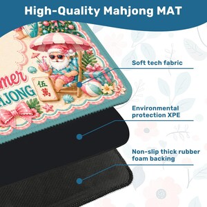May include: A high-quality Mahjong mat with a colorful design featuring Santa Claus relaxing on a beach. The mat has a soft tech fabric, environmental protection XPE, and a non-slip thick rubber foam backing.