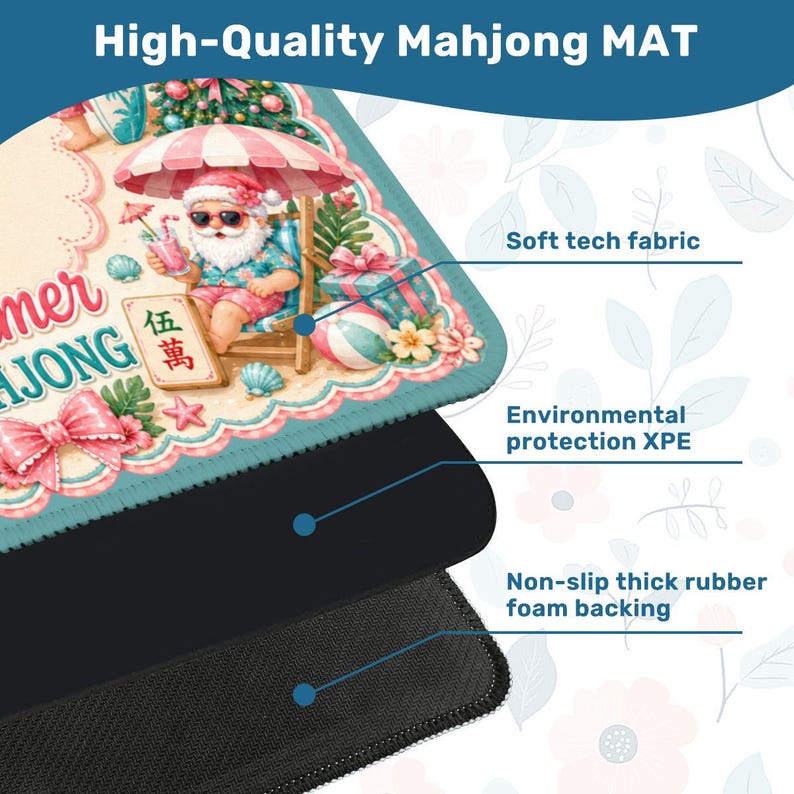 May include: A high-quality Mahjong mat with a colorful design featuring Santa Claus relaxing on a beach. The mat has a soft tech fabric, environmental protection XPE, and a non-slip thick rubber foam backing.