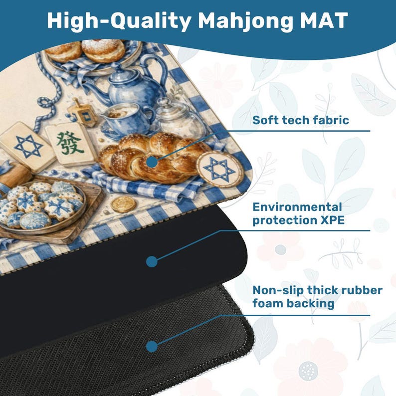 May include: A high-quality Mahjong mat with a detailed illustration of baked goods, tea set, and Star of David symbols. The mat features a soft tech fabric, environmental protection XPE, and a non-slip thick rubber foam backing. The text "High-Quality Mahjong MAT" is at the top.