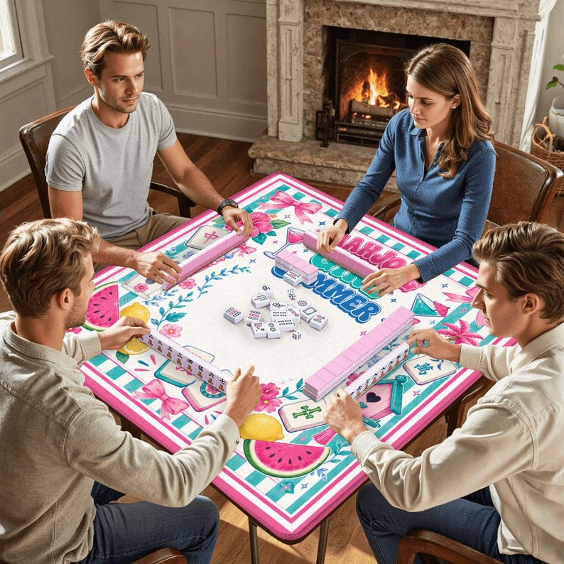 May include: A group of four people playing Mahjong. The game is set on a square table with a pink and white floral design. The game pieces are pink and white. The table has the words "Mahjong Summer" on it.