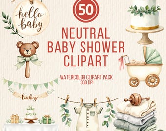 Neutral Baby Shower Clipart Bundle – Watercolor Baby Clipart Set, Boho Baby Shower PNG, Gender Neutral Nursery Clipart