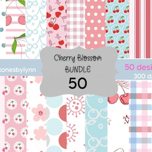 Set di carta digitale con fiori di ciliegio per sublimazione e scrapbooking, disegni clipart con motivi di sfondo di frutta di ciliegio kawaii