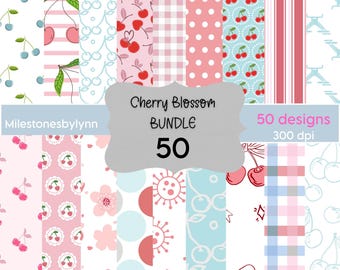 Cherry Blossom Digital Paper Set for Sublimation and Scrapbooking, Kawaii cherry Fruit Pattern Background Clipart Designs