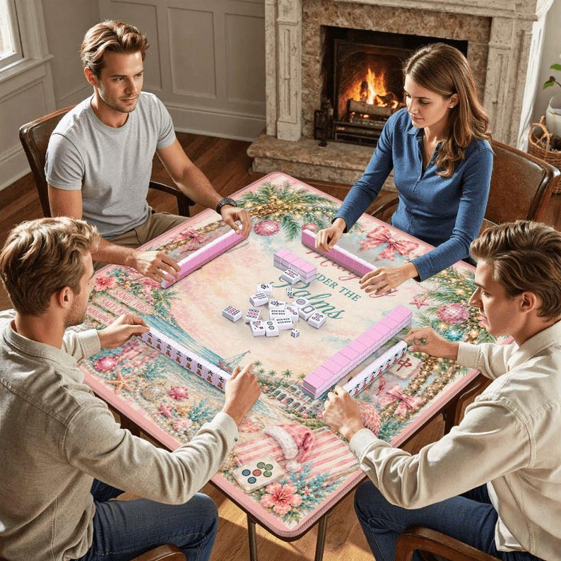 May include: Four people playing mahjong around a square table. The table has a pink floral design with the words "Under the Palms". Pink tile racks and white tiles are visible. A fireplace is in the background.
