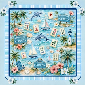 Puede incluir: Un dise&ntilde;o decorativo cuadrado con tem&aacute;tica de Florida. Incluye veleros, delfines, palmeras y fichas de Mahjong. Las palabras "Welcome to Florida" est&aacute;n en un letrero. El borde es azul y blanco.