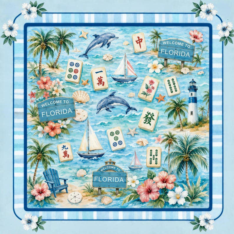 Puede incluir: Un dise&ntilde;o decorativo cuadrado con tem&aacute;tica de Florida. Incluye veleros, delfines, palmeras y fichas de Mahjong. Las palabras "Welcome to Florida" est&aacute;n en un letrero. El borde es azul y blanco.