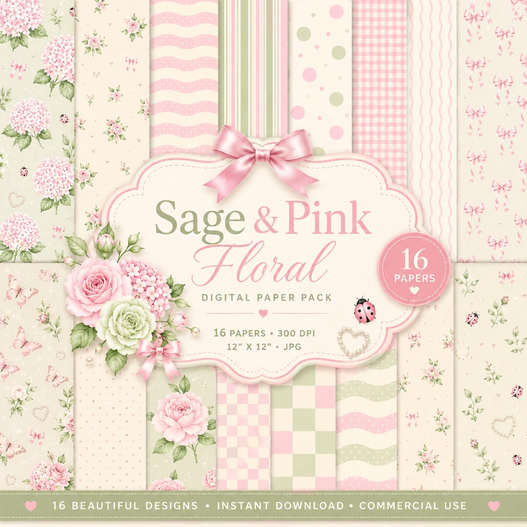 Coquette Digital Paper Pack, Pink & Sage Scrapbook Paper Bundle, Floral ...