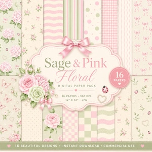 Könnte beinhalten: Ein digitales Papierpaket mit 16 Designs in salbeigrün und rosa floralen Mustern. Das Paket enthält Polka Dots, Streifen und Blumenarrangements. Der Text auf dem Bild lautet "Sage & Pink Floral" und "12" X 12" JPG". Das Papierformat beträgt 30,48 cm x 30,48 cm.