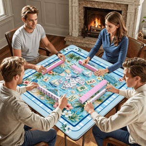 Puede incluir: Cuatro personas jugando al mahjong alrededor de una mesa cuadrada. La mesa tiene un dise&ntilde;o tropical azul y blanco con las palabras "Welcome to Florida". Se ven estanter&iacute;as y fichas rosas.