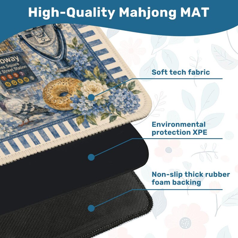 May include: A high-quality Mahjong mat with a blue and white floral design, a bagel, and a pigeon. The mat has a soft tech fabric, environmental protection XPE, and a non-slip thick rubber foam backing. The text "High-Quality Mahjong MAT" is at the top.