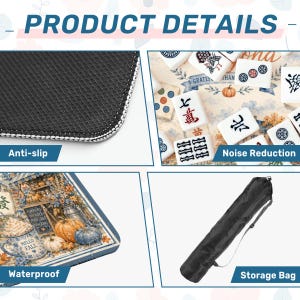May include: Image showing product details: a black anti-slip surface, Mahjong tiles, a waterproof mat with pumpkins and the text "Hello Fall", and a black storage bag. The image also includes the text "Noise Reduction".