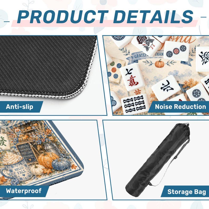 May include: Image showing product details: a black anti-slip surface, Mahjong tiles, a waterproof mat with pumpkins and the text "Hello Fall", and a black storage bag. The image also includes the text "Noise Reduction".