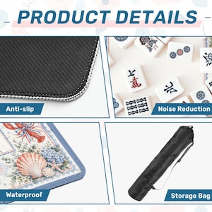 May include: Product details image featuring a close-up of a black anti-slip surface with white stitching, a close-up of a waterproof mat with a seashell and lobster design, a set of Mahjong tiles, and a black storage bag.