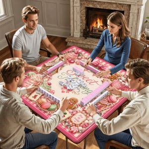 May include: A group of four people playing a game of Mahjong. The game is set on a pink and white table with a candy-themed design. The table features the text "Sweet Story" and various game pieces.
