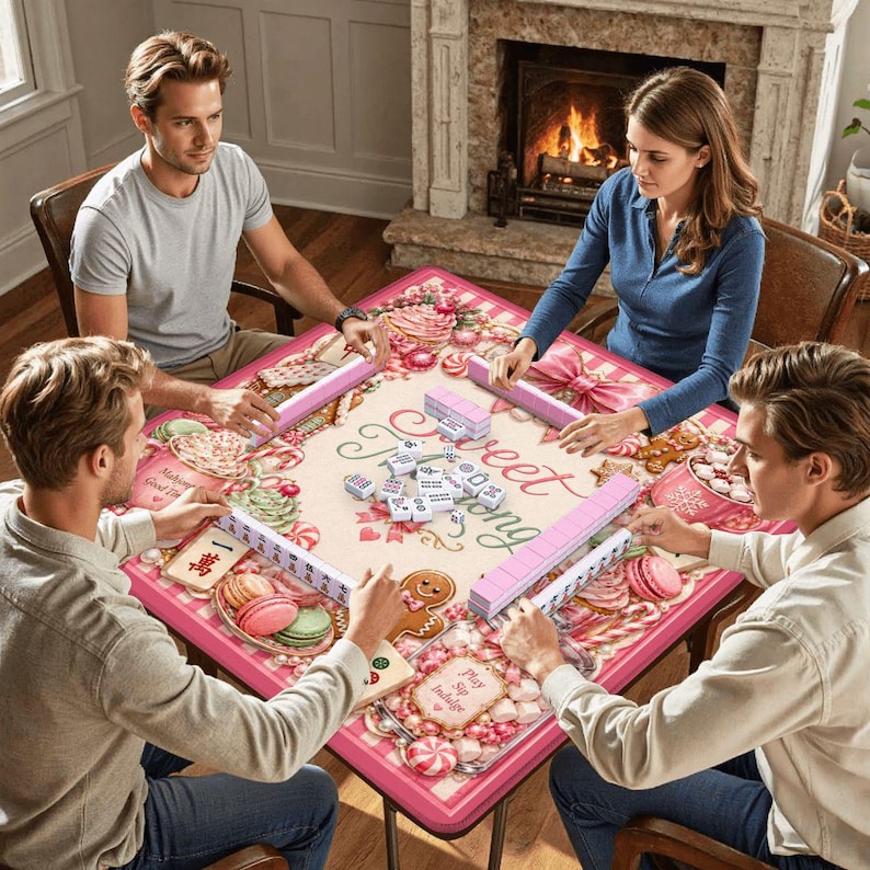 May include: A group of four people playing a game of Mahjong. The game is set on a pink and white table with a candy-themed design. The table features the text "Sweet Story" and various game pieces.