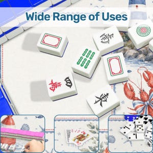 May include: White Mahjong tiles with blue edges and various symbols and designs. The text "Wide Range of Uses" is displayed at the top. The image also shows dominoes, playing cards, and other game pieces.