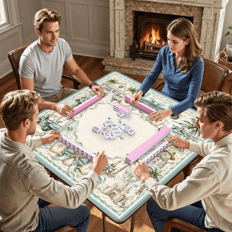 May include: A group of four people playing Mahjong. The game is set on a square table with a light blue and white patterned surface. Pink tile racks and tiles are visible. A fireplace is in the background.