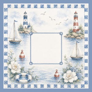 May include: A square decorative print featuring a nautical theme with two lighthouses, two sailboats, buoys, and white flowers. A central blank rectangular frame is bordered by a blue rope design, all enclosed by a blue and white checkered border.