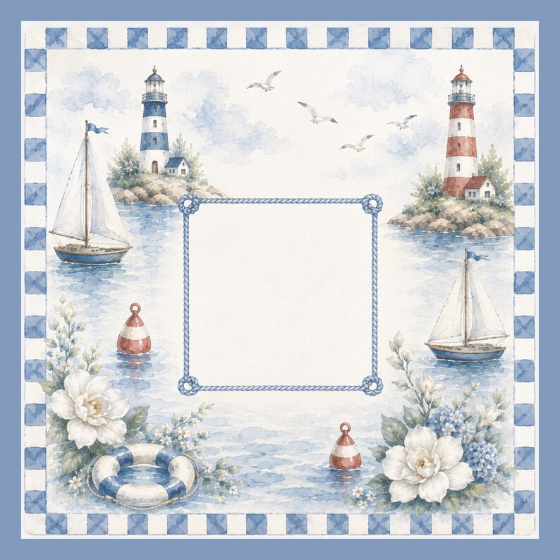 May include: A square decorative print featuring a nautical theme with two lighthouses, two sailboats, buoys, and white flowers. A central blank rectangular frame is bordered by a blue rope design, all enclosed by a blue and white checkered border.