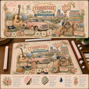May include: A rectangular mahjong mat featuring a Tennessee Charm theme with a pink pickup truck, acoustic guitar, jukebox, and Nashville skyline. The mat displays mahjong tiles, floral accents, and text including Tennessee Charm, Music, Memories, Mahjong, and Bluebird Cafe. The design incorporates vintage-style graphics and soft pastel colors.