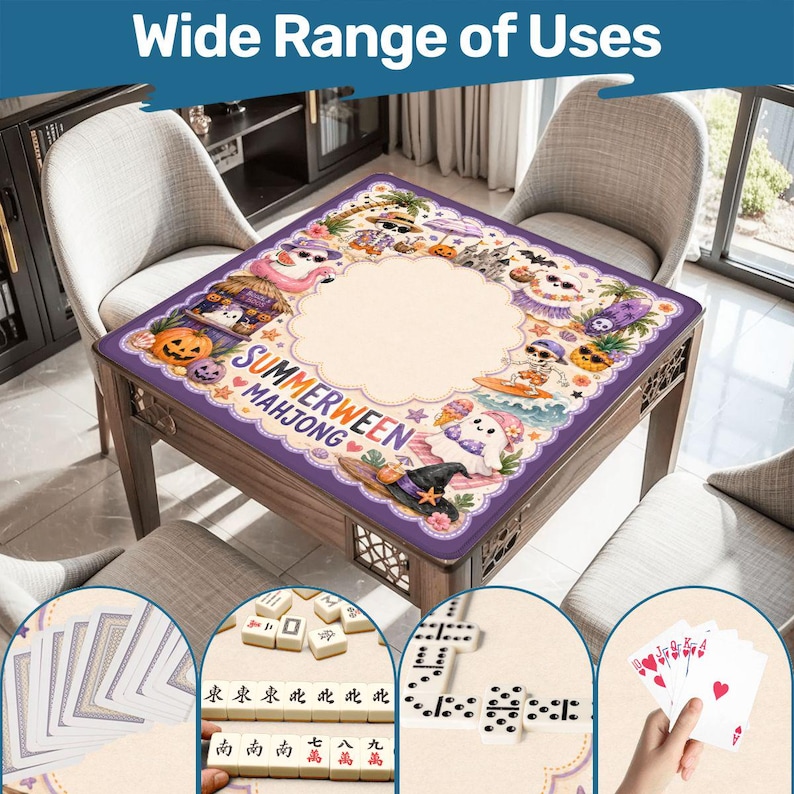 May include: A square mahjong mat with a purple border and a cream-colored center featuring Summerween Mahjong text and cartoon illustrations of ghosts, skeletons, and pumpkins. The mat is displayed on a table with circular insets showing playing cards, mahjong tiles, and dominoes.
