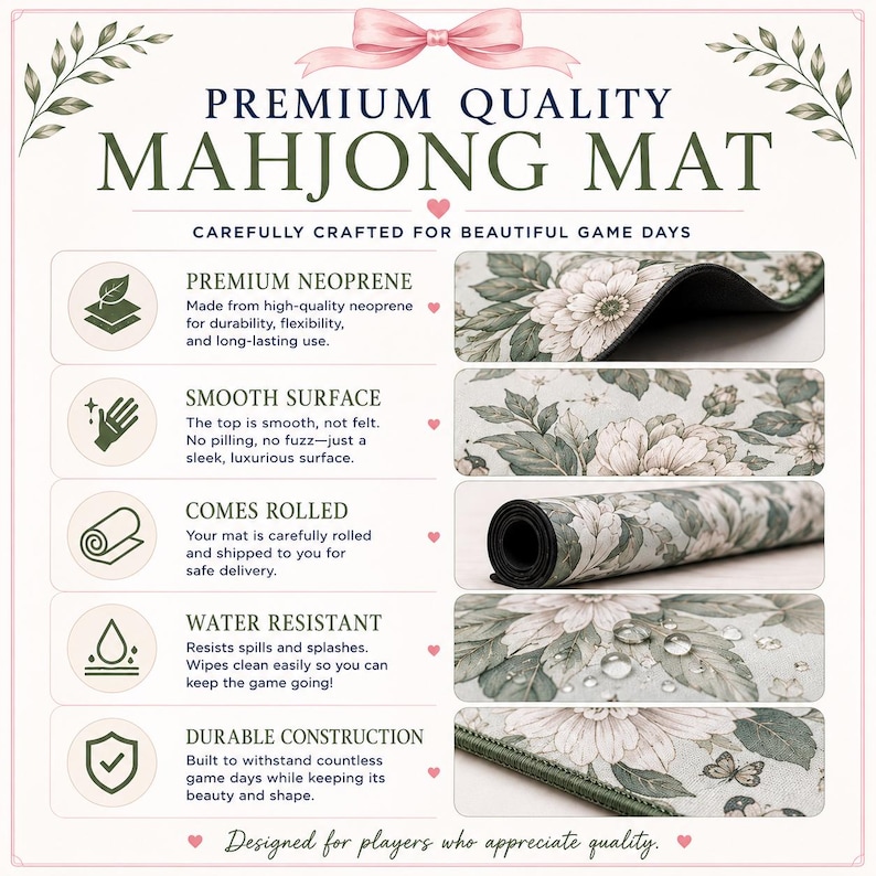 May include: A premium quality mahjong mat featuring a floral pattern with white flowers, green leaves, and butterflies. The infographic highlights features including neoprene material, a smooth surface, rolled storage, and water resistance.