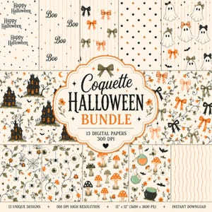 May include: A digital paper bundle featuring 13 Halloween-themed patterns with illustrations of ghosts, haunted houses, mushrooms, eyeballs, potions, and bows in orange, black, and cream. The central label reads Coquette HALLOWEEN BUNDLE.