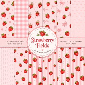 Könnte beinhalten: Eine Sammlung von zwölf nahtlosen digitalen Papieren mit Erdbeermustern in Rosa- und Rottönen. Die Designs umfassen Vichy-Karos, Punkte, Streifen und Schleifen, mit dem Text Strawberry Fields Digital Paper Collection.