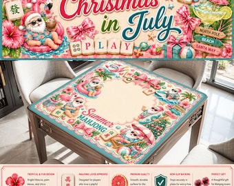Christmas in July Mahjong Mat | Beach Santa Mahjong Table Cover | Cute Pink Tropical Mahjong Gift, Summer Flamingo Beach Santa Mahjong Cover