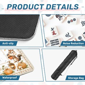 May include: A product detail collage featuring a black anti-slip mat texture, white mahjong tiles for noise reduction, a mat surface with a cartoon squirrel and pumpkin illustration, and a black cylindrical storage bag with an adjustable shoulder strap.