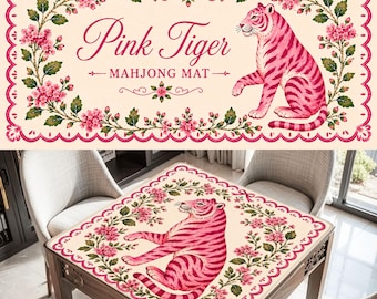 Tapete de Mahjong Tigre Rosa / Tapete de Mesa de Mahjong Tigre Coqueta / Tapete de Juego Tigre Floral / Regalo Tigre Rosa para Jugadores de Mahjong