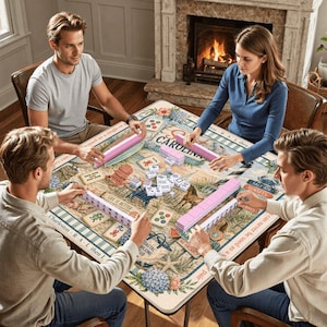 May include: A square game table featuring a printed board with coastal illustrations, including a lighthouse, crab, and flowers. Four players are seated around the table, each with a set of pink tile racks and white mahjong tiles.