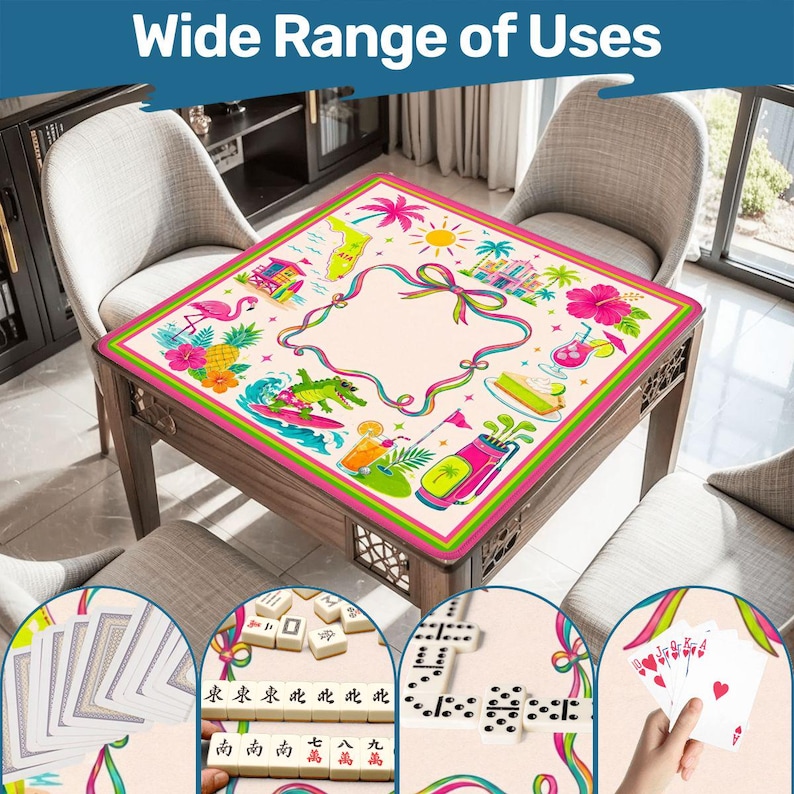 May include: A square game table cover featuring a cream-coloured centre with a pink ribbon border and colourful illustrations of Florida-themed icons including a flamingo, alligator, pineapple, hibiscus, golf bag, and key lime pie slice.